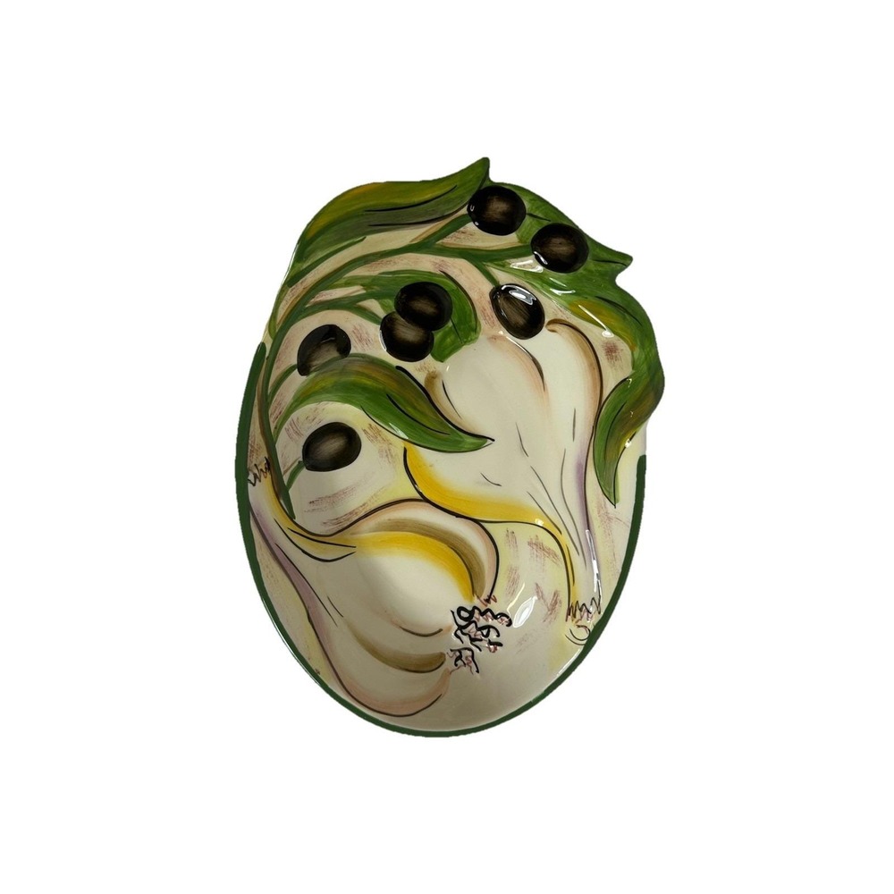 Clay Art Olives & Garlic Oval Serving Bowl 9"X6.5" Embossed Ceramic Relish Dish